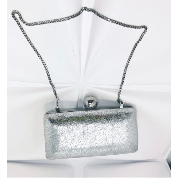 Milly Silver Foiled Hard Clutch Formal Small Chain Shoulder Bag Metallic - Picture 3 of 13